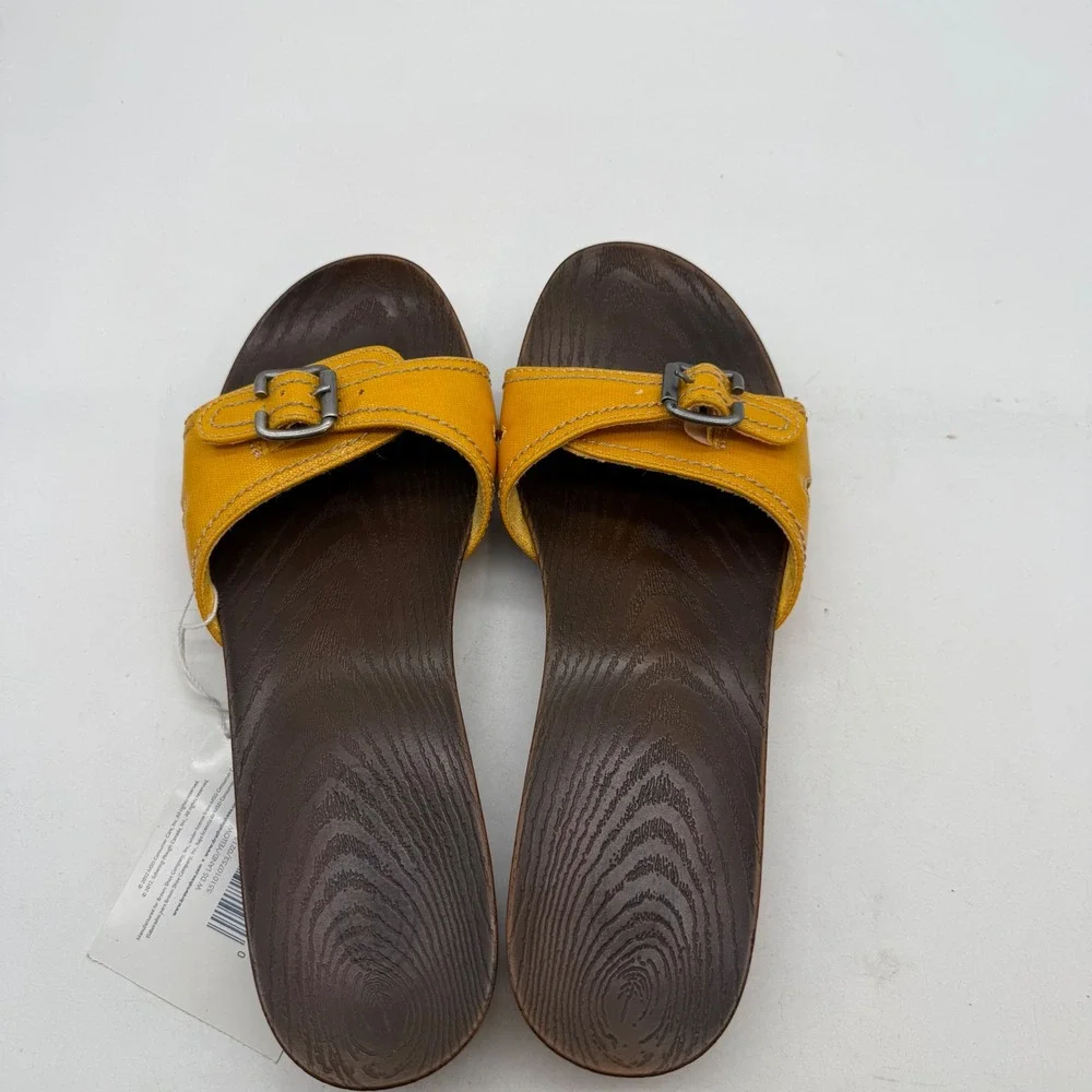 Dr Scholls Womens Yellow Faux Wood Wedge Slide Sandals Size 9 Retro Summer Boho